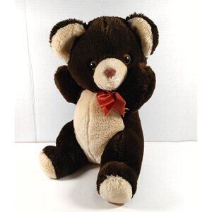 Vintage 70s 80s Dark Brown Teddy Bear  Plush Stuffed Animal 13" w/Brown Ribbon